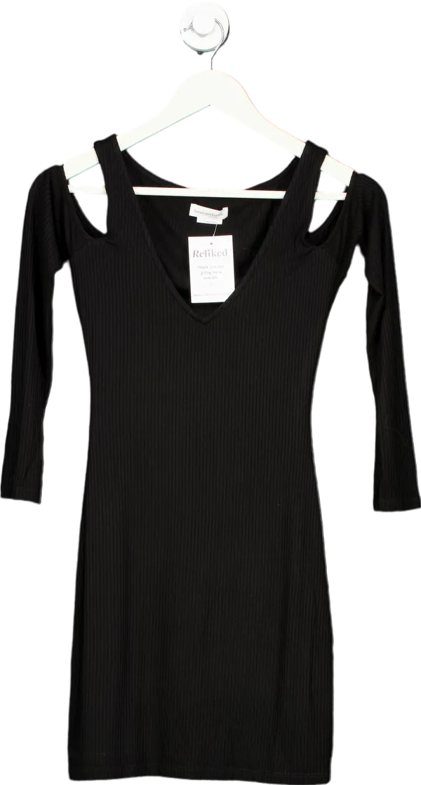 Refined Black Ribbed Cold Shoulder Dress UK S