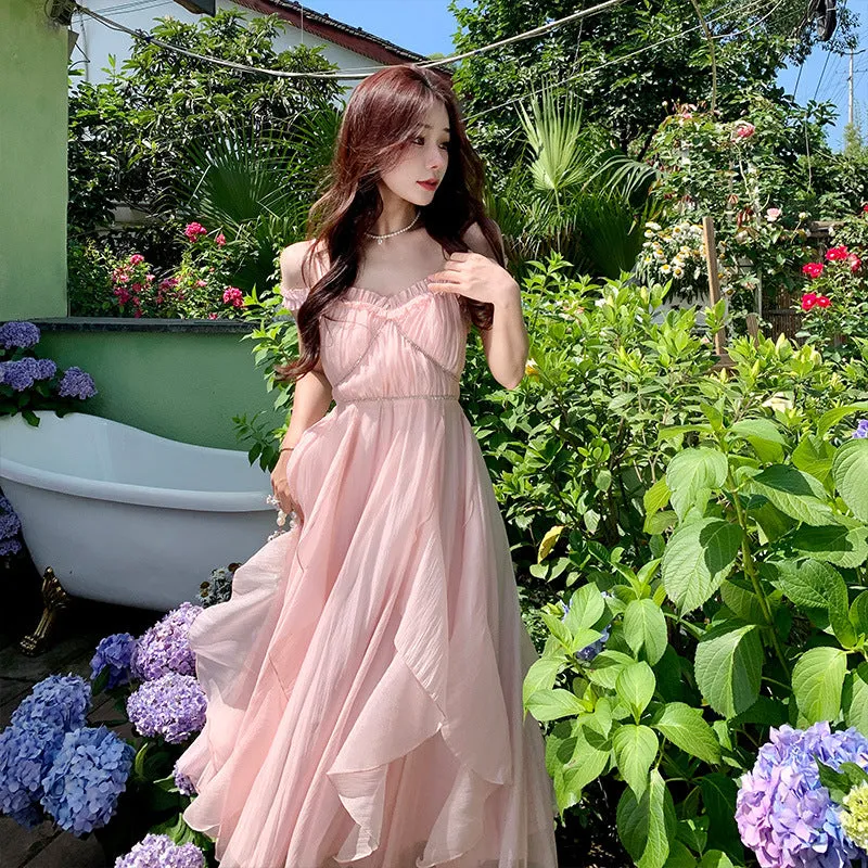 Retro Pink Fairy Spaghetti Strap Dress French Sweet Skirt 806