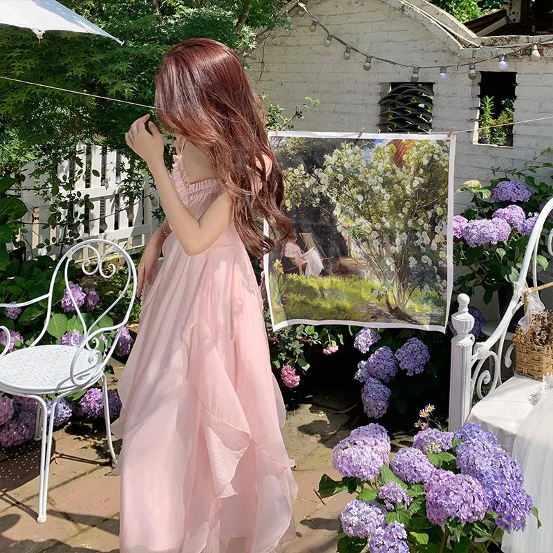 Retro Pink Fairy Spaghetti Strap Dress French Sweet Skirt 806