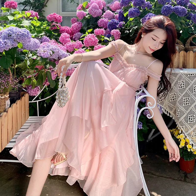 Retro Pink Fairy Spaghetti Strap Dress French Sweet Skirt 806