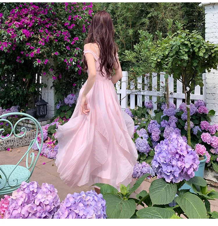 Retro Pink Fairy Spaghetti Strap Dress French Sweet Skirt 806