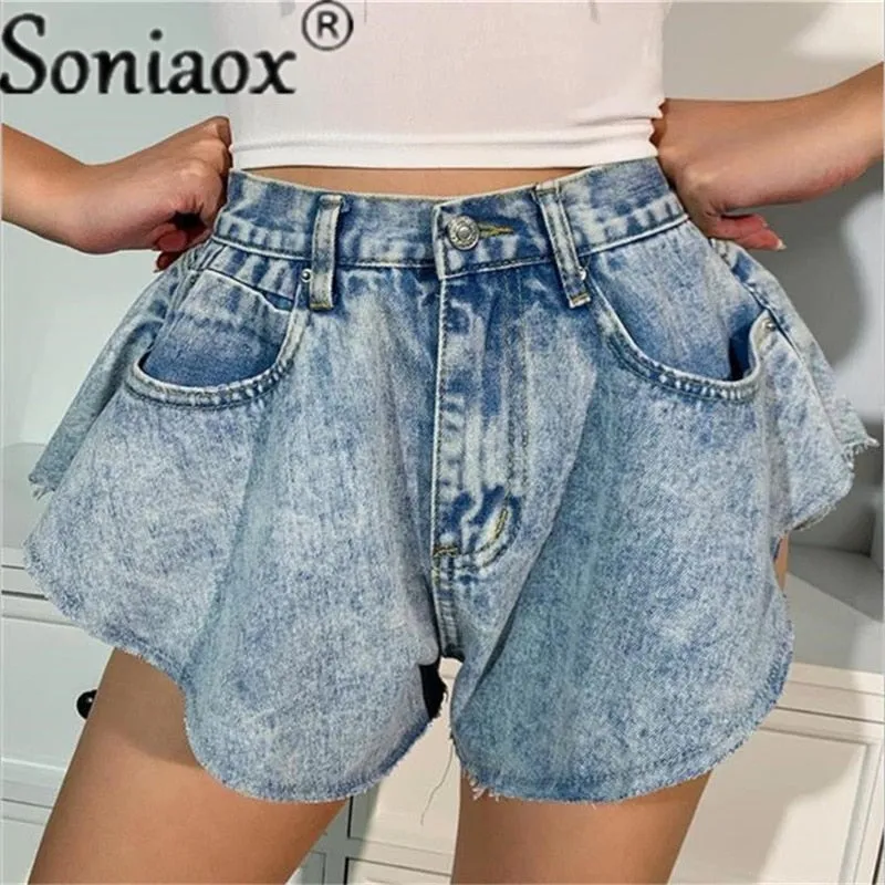 Ripped Denim Shorts Sexy High Waist Ruffle Hem Loose Ruched