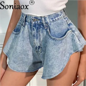 Ripped Denim Shorts Sexy High Waist Ruffle Hem Loose Ruched