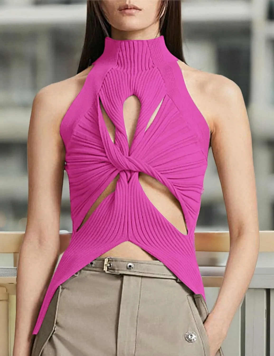 SAFRISIOR Women Sexy Hollow Out Twist Front Knitted Tank Tops Sleeveless High Neck Cut Out Sweater Vest