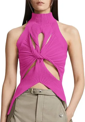 SAFRISIOR Women Sexy Hollow Out Twist Front Knitted Tank Tops Sleeveless High Neck Cut Out Sweater Vest