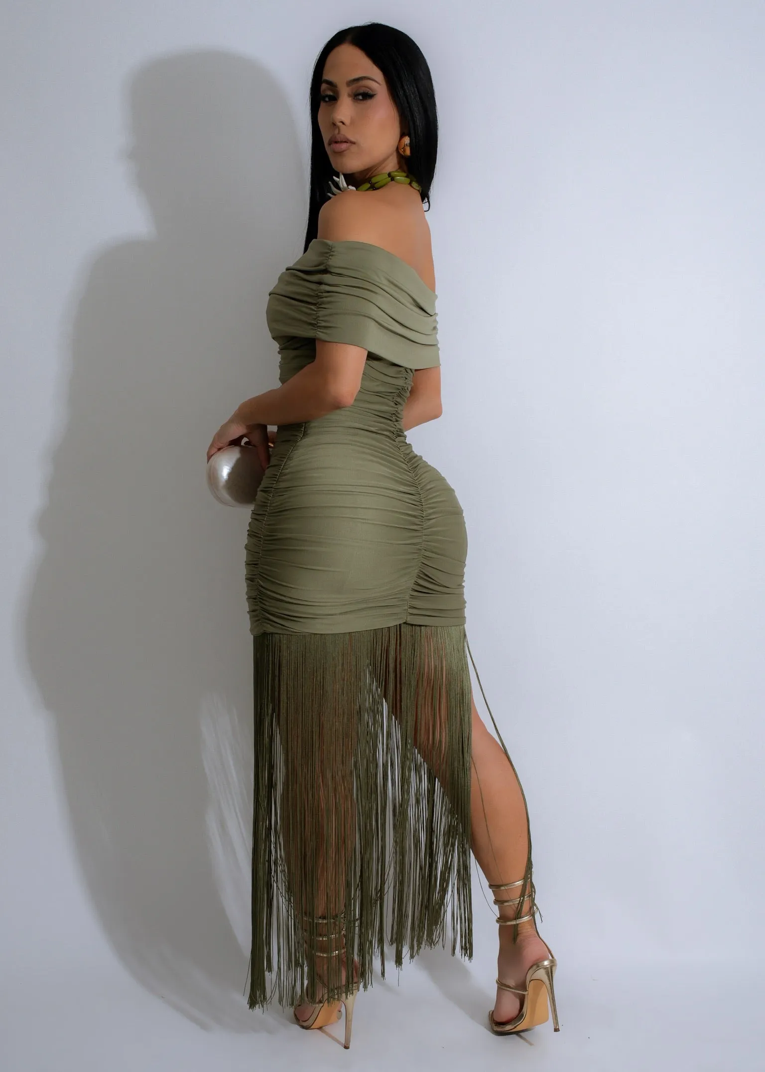 Sage Serenade Ruched Fringes Maxi Dress Green