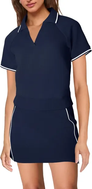 SENSERISE Womens Workout Sets 2 Piece Outfits V Neck Short Sleeve Polo Shirt and Tennis Skort Set with Pockets