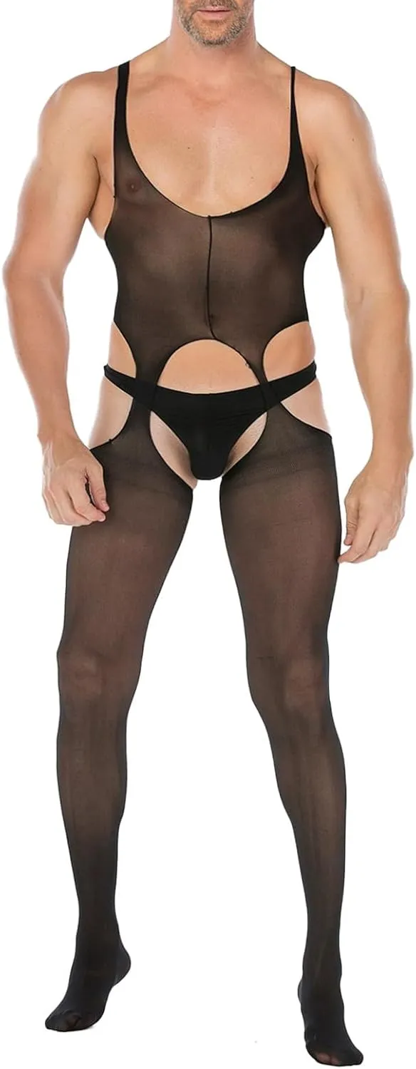 Sexy Leather Lingerie For Men Naughty Underwear Pants Bodysuit Sheer Lace Clothes Tight Cut Out Elastic Nightgown