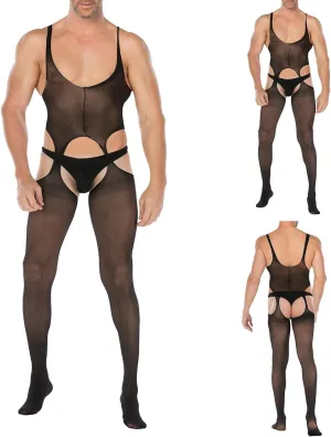 Sexy Leather Lingerie For Men Naughty Underwear Pants Bodysuit Sheer Lace Clothes Tight Cut Out Elastic Nightgown
