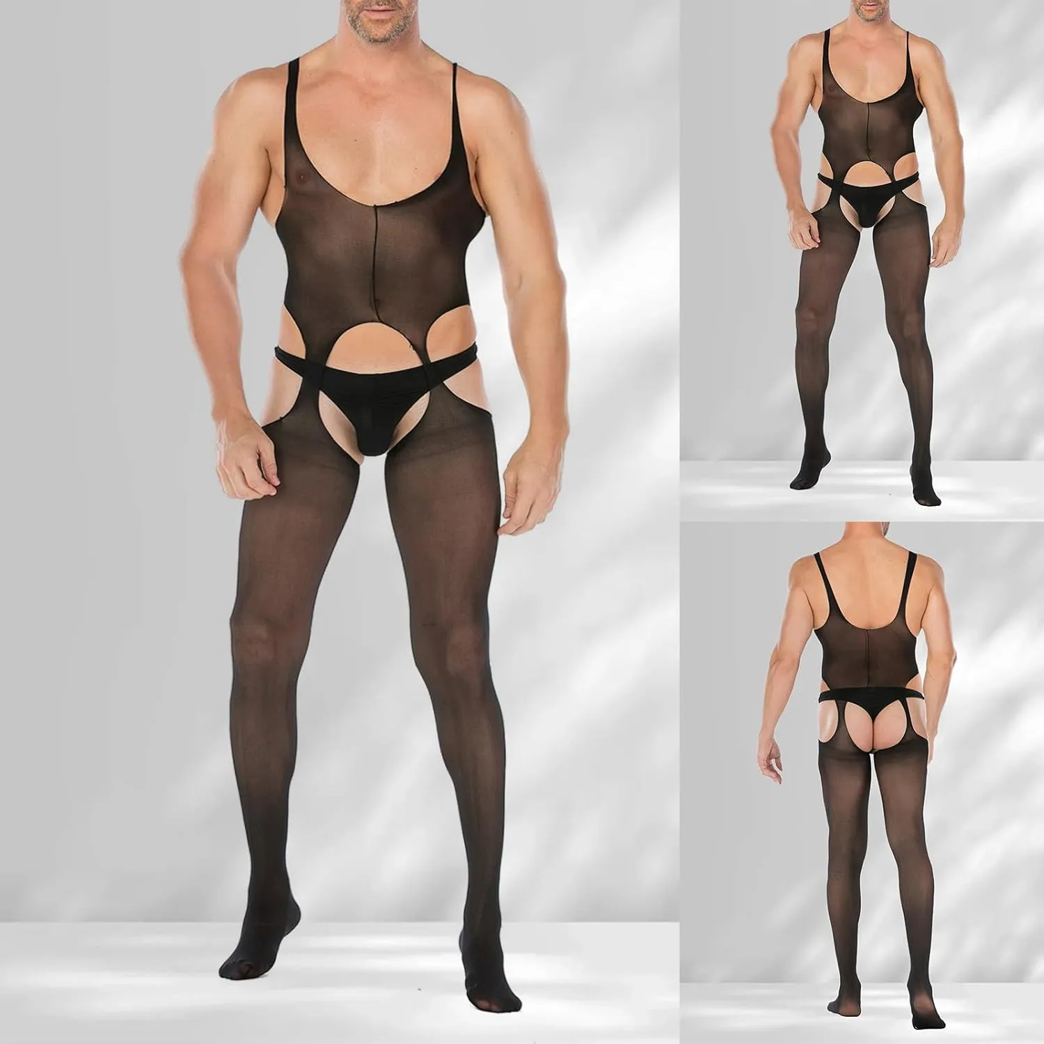 Sexy Leather Lingerie For Men Naughty Underwear Pants Bodysuit Sheer Lace Clothes Tight Cut Out Elastic Nightgown
