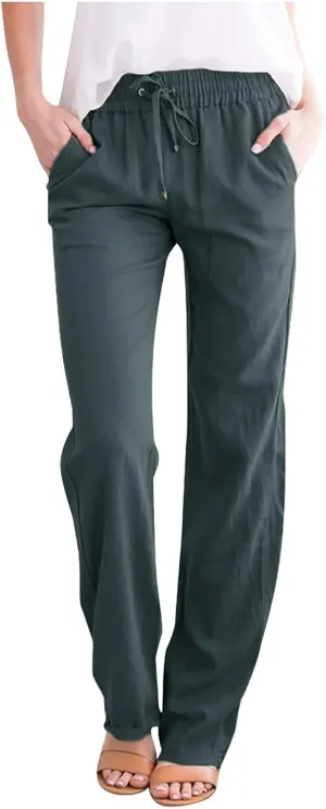 SHAOBGE Womens Casual Pants Straight Leg Drawstring Elastic High Waist Loose Comfy Trousers with Pockets