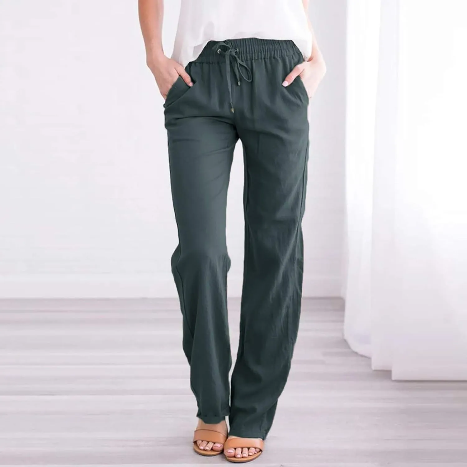 SHAOBGE Womens Casual Pants Straight Leg Drawstring Elastic High Waist Loose Comfy Trousers with Pockets
