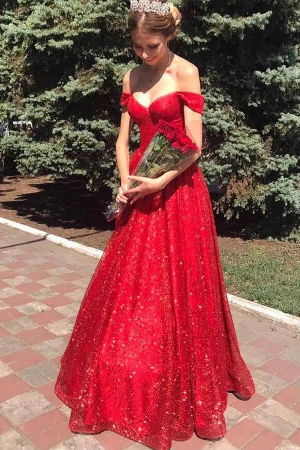 Shiny Red A-Line Off-the-Shoulder Long Prom Dresses, Evening Dresses, SP754