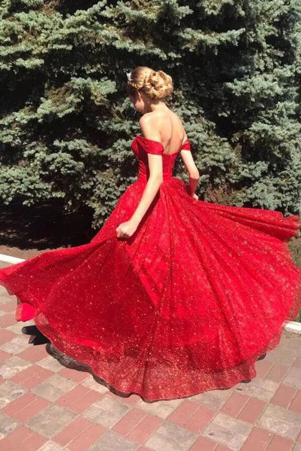 Shiny Red A-Line Off-the-Shoulder Long Prom Dresses, Evening Dresses, SP754