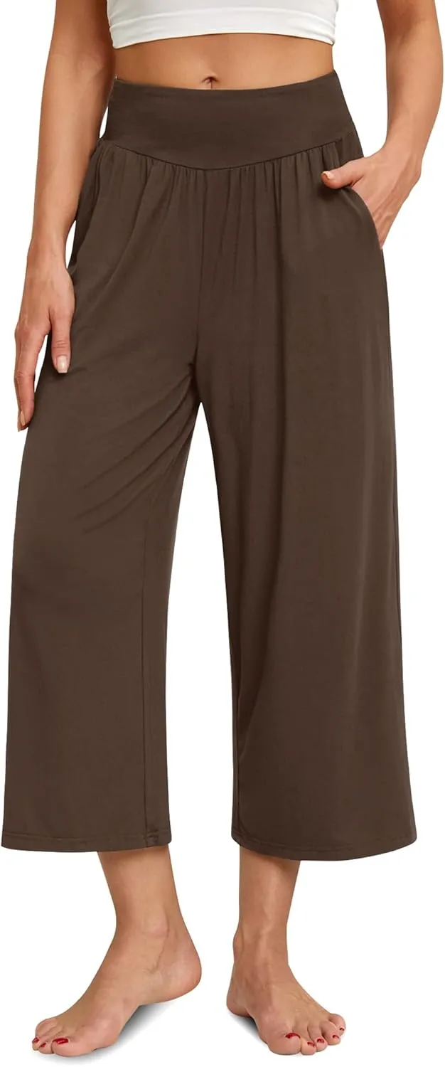 siliteelon Wide Leg Capri Pants for Women Lounge Pajama Pants Women Casual Loose Comfy Flowy Palazzo Pants with Pockets