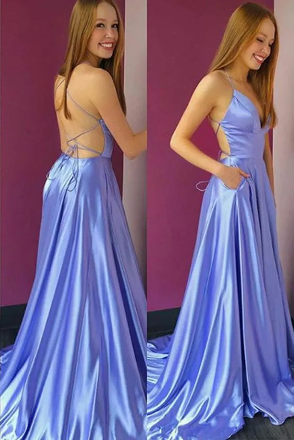 Simple Satin Lilac A-Line V-neck Spaghetti Straps Prom Dress with Pockets, SP639
