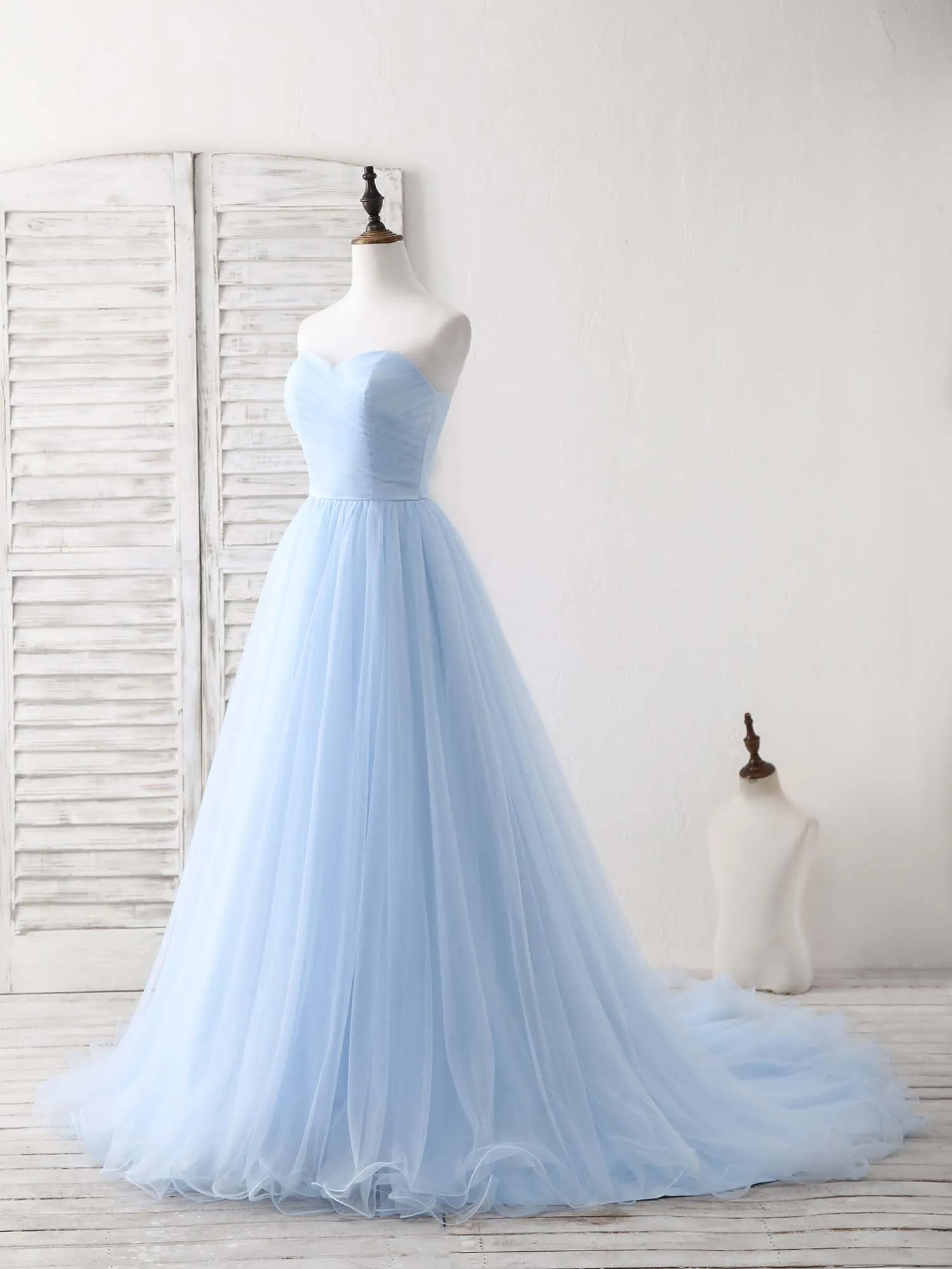Simple Sweetheart Blue Tulle Long Prom Dress Blue Evening Dress