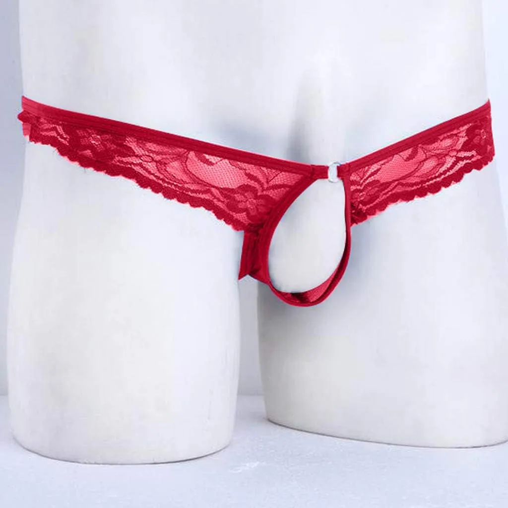 Sissy Lace Panties for Men, Floral Mesh Open Front Thongs Sexy Lace Bikini Briefs Underwear See-Through Underpants