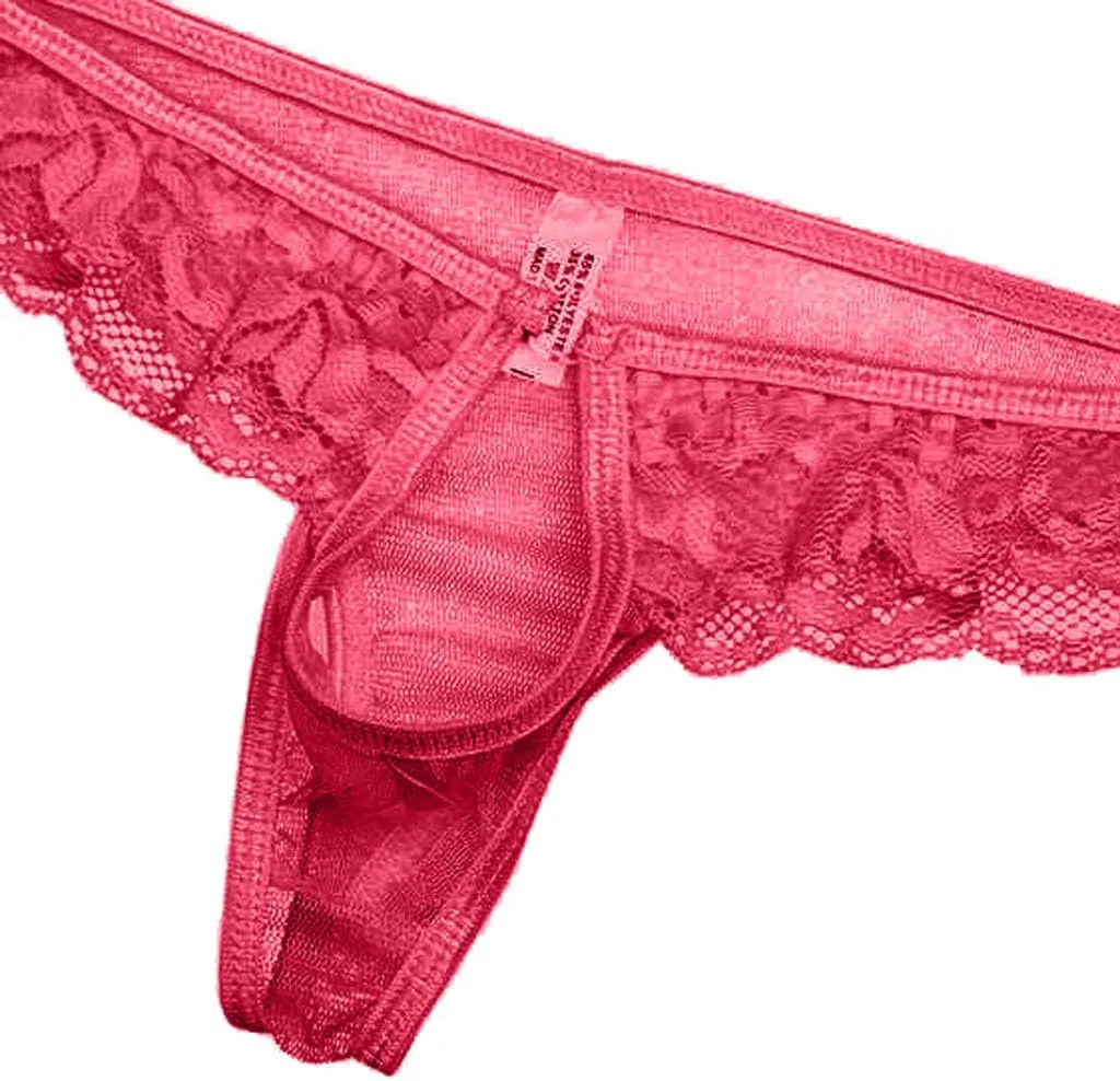 Sissy Lace Panties for Men, Floral Mesh Open Front Thongs Sexy Lace Bikini Briefs Underwear See-Through Underpants