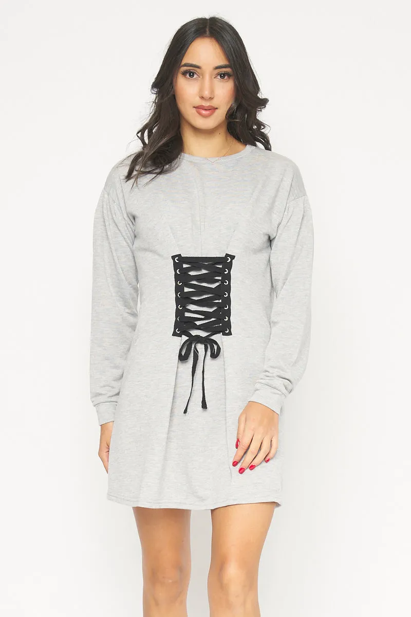 Soft and Cozy Long Sleeve Round Neck Front Lace-up Detail Mini Dress* (4254DH)