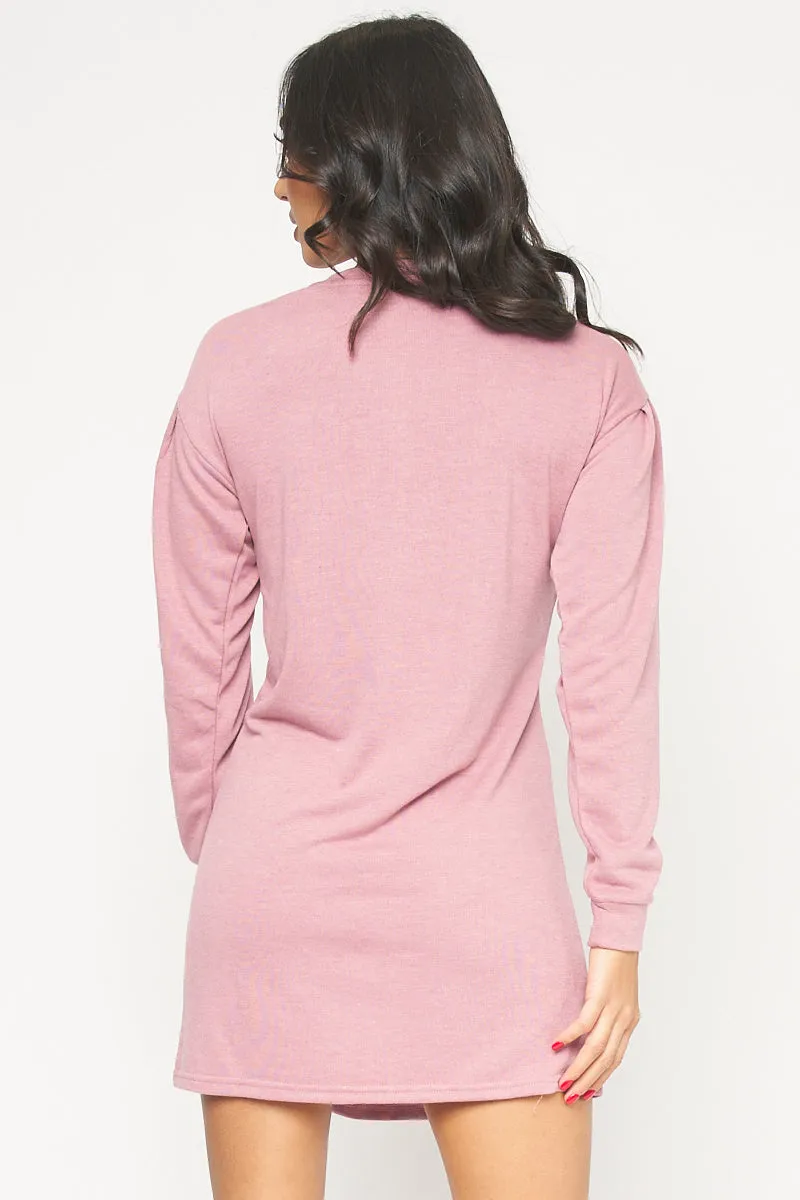 Soft and Cozy Long Sleeve Round Neck Front Lace-up Detail Mini Dress* (4254DH)
