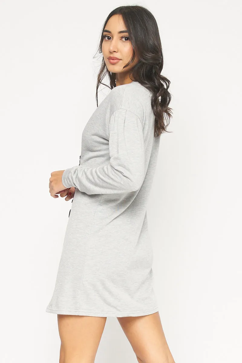 Soft and Cozy Long Sleeve Round Neck Front Lace-up Detail Mini Dress* (4254DH)