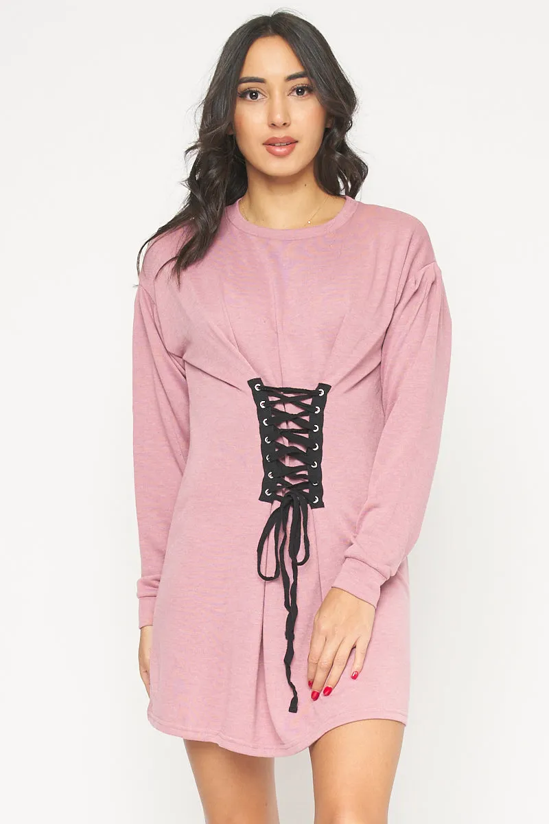 Soft and Cozy Long Sleeve Round Neck Front Lace-up Detail Mini Dress* (4254DH)