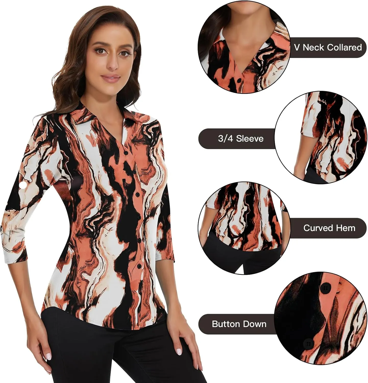 Soneven Womens 3/4 Sleeve Button Down Shirt V Neck Collared Polo Shirts Work Blouses