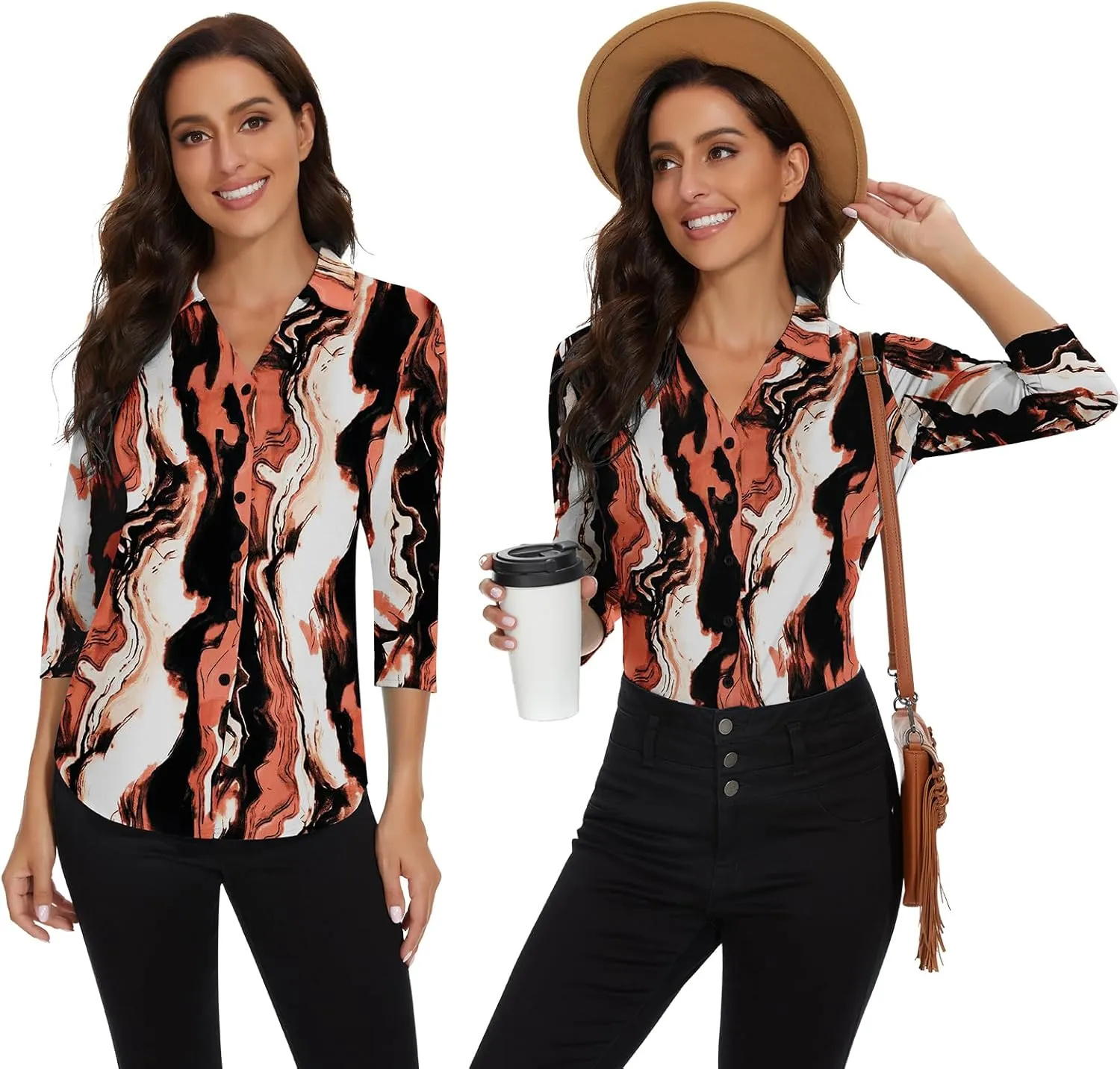 Soneven Womens 3/4 Sleeve Button Down Shirt V Neck Collared Polo Shirts Work Blouses