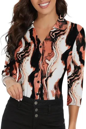 Soneven Womens 3/4 Sleeve Button Down Shirt V Neck Collared Polo Shirts Work Blouses