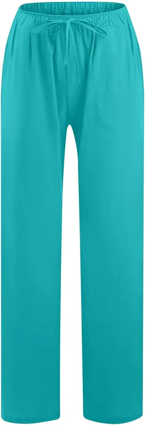 Summer Cotton Linen Pants for Women Loose Straight Leg Drawstring Trouser Casual Elastic Waist Long Pant with Pockets