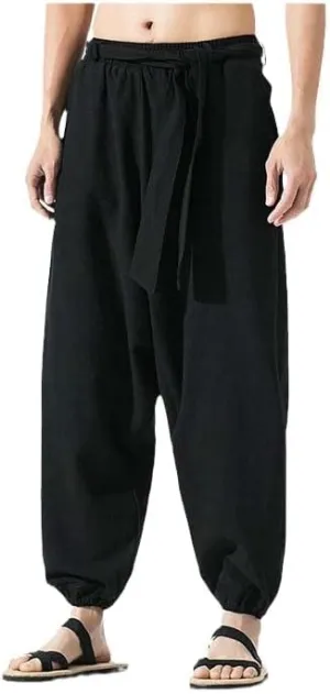 Summer Wide Leg Pants Men Cotton Linen Bloom Pants Mens Red Chinese Style Harem Pants Male Trousers