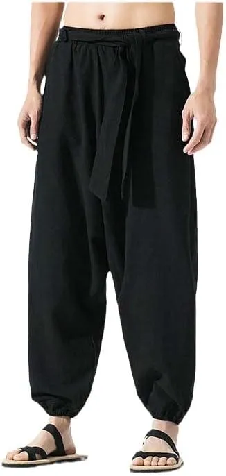 Summer Wide Leg Pants Men Cotton Linen Bloom Pants Mens Red Chinese Style Harem Pants Male Trousers
