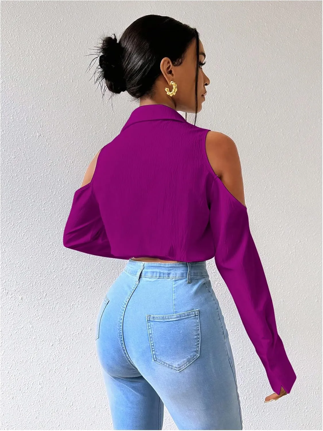 SweatyRocks Women's Cold Shoulder Long Sleeve Button Down Collared Cropped Blouses