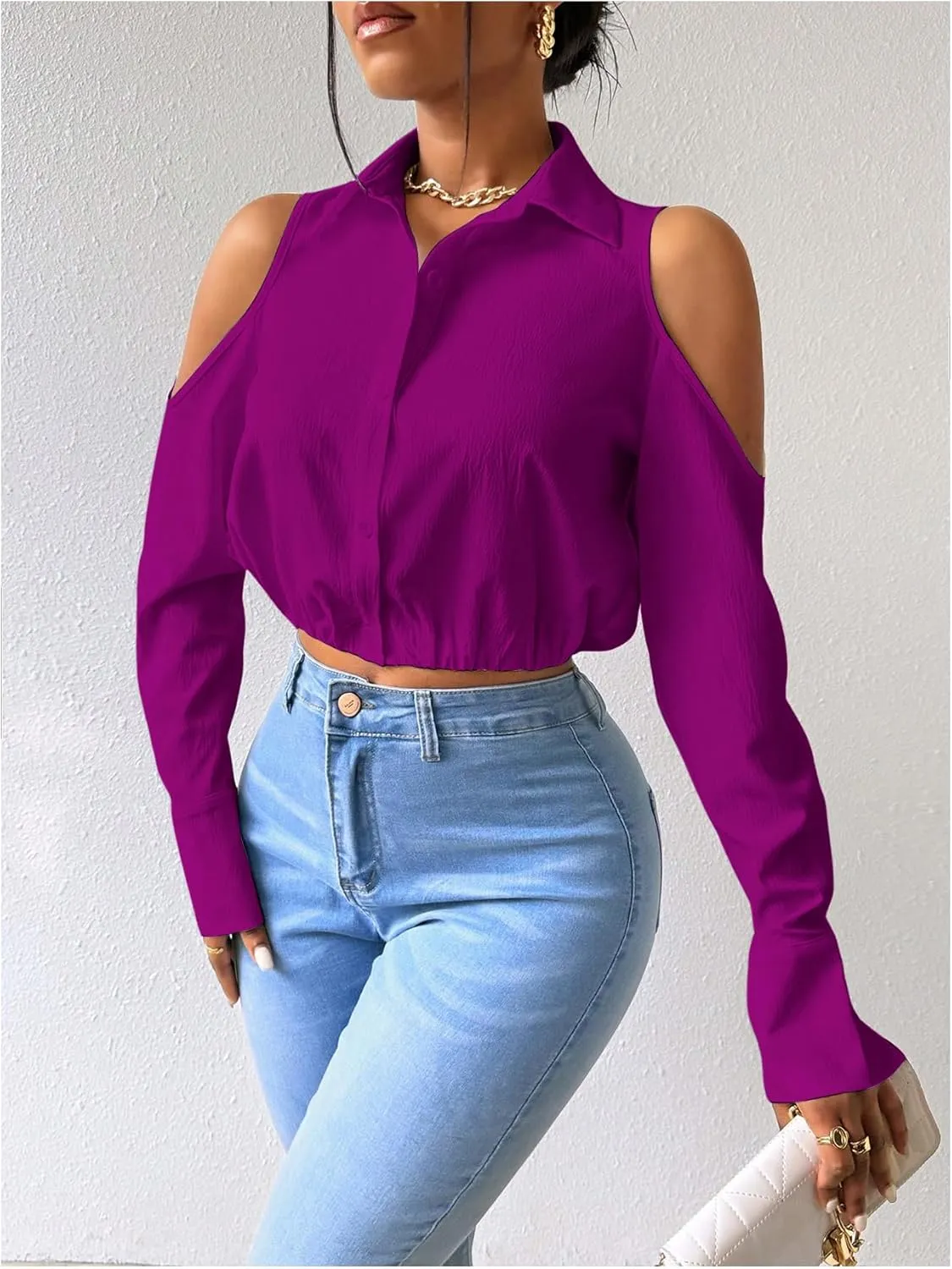 SweatyRocks Women's Cold Shoulder Long Sleeve Button Down Collared Cropped Blouses