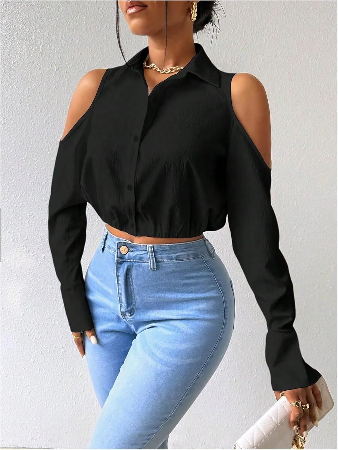 SweatyRocks Women's Cold Shoulder Long Sleeve Button Down Collared Cropped Blouses