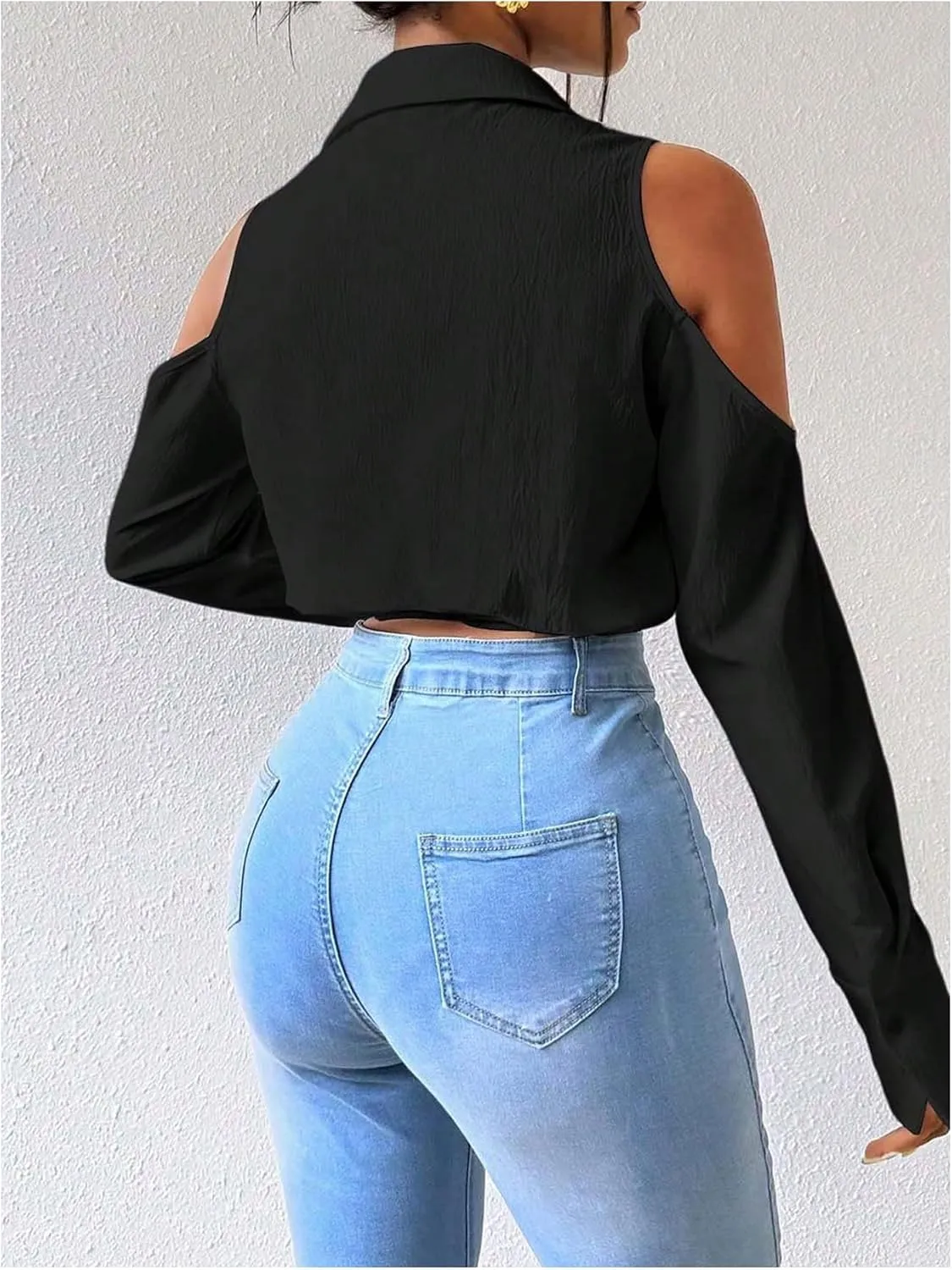 SweatyRocks Women's Cold Shoulder Long Sleeve Button Down Collared Cropped Blouses