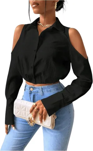SweatyRocks Women's Cold Shoulder Long Sleeve Button Down Collared Cropped Blouses