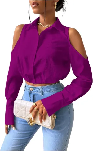 SweatyRocks Women's Cold Shoulder Long Sleeve Button Down Collared Cropped Blouses