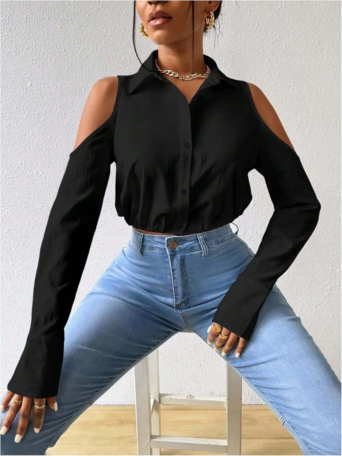 SweatyRocks Women's Cold Shoulder Long Sleeve Button Down Collared Cropped Blouses