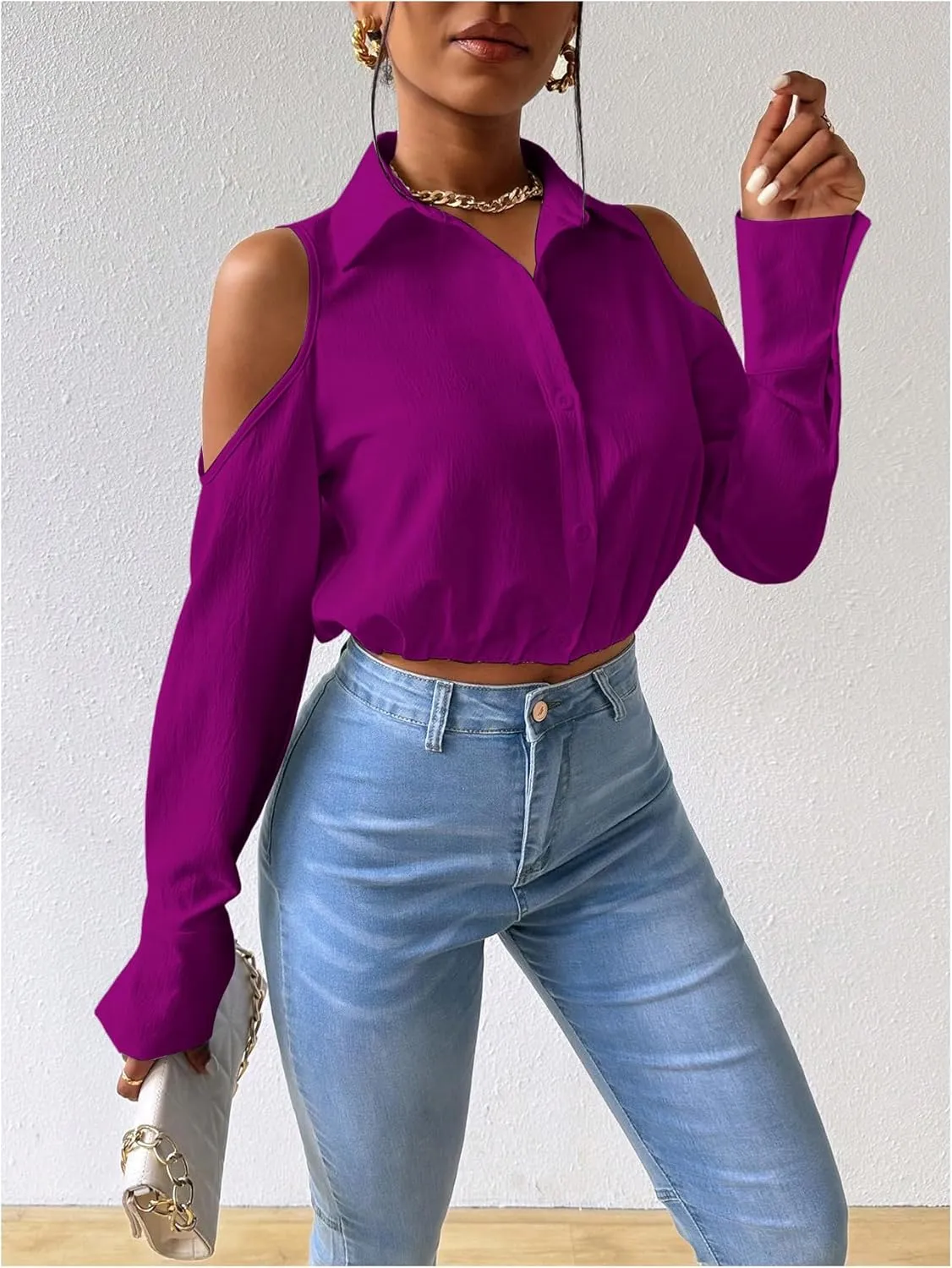 SweatyRocks Women's Cold Shoulder Long Sleeve Button Down Collared Cropped Blouses