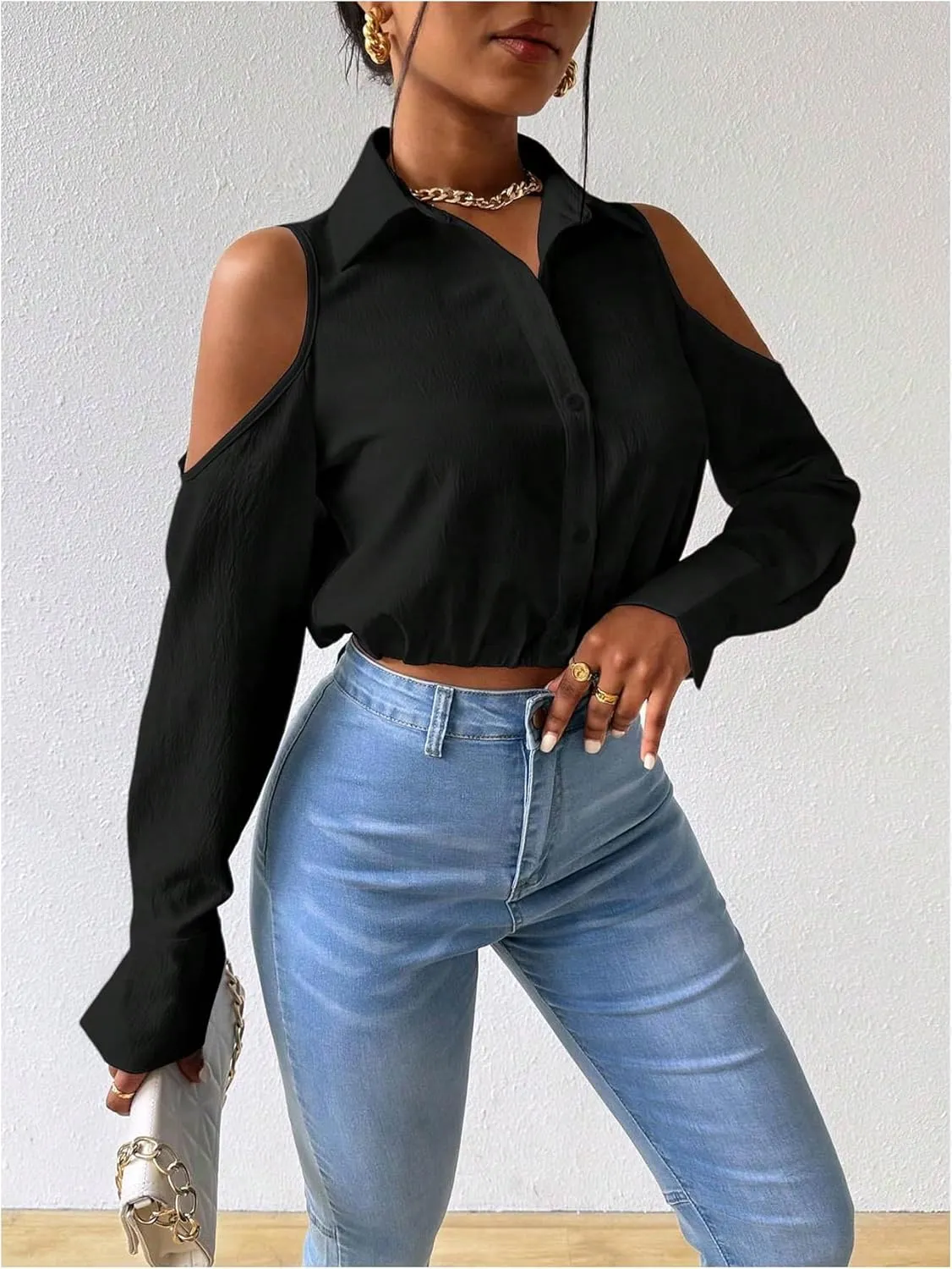 SweatyRocks Women's Cold Shoulder Long Sleeve Button Down Collared Cropped Blouses