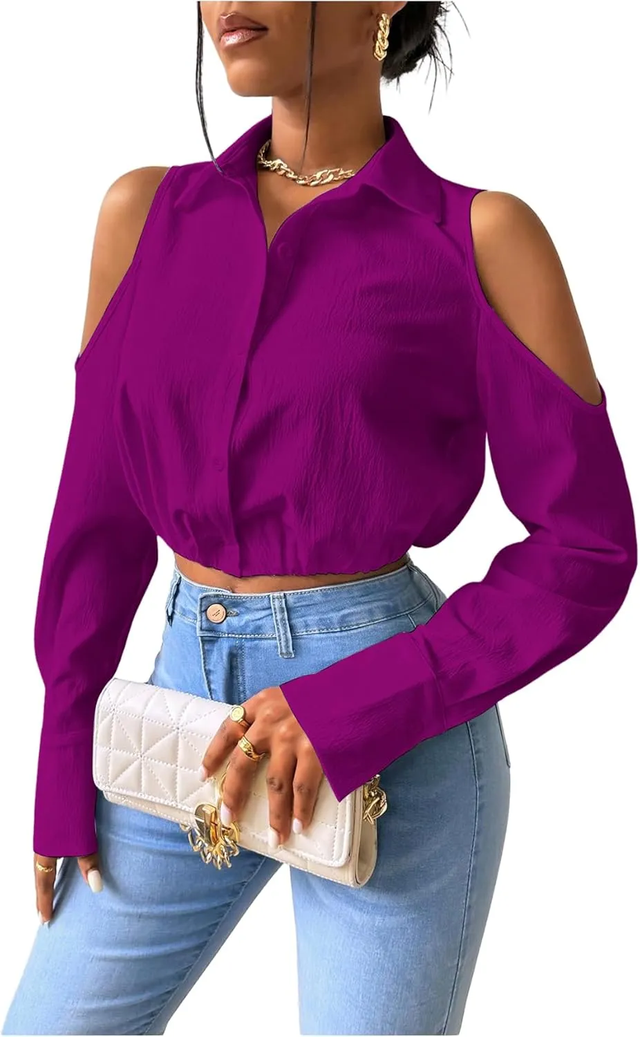 SweatyRocks Women's Cold Shoulder Long Sleeve Button Down Collared Cropped Blouses