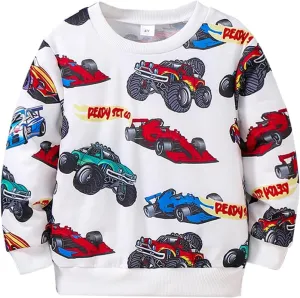 Toddler Boys Clothes-Sports Car Graphic Print Round Neck Sweatshirt-Little Boy Fall Long Sleeve Top Size(3~7 years)