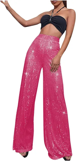 Uillui Sequin Palazzo Pants Women Fashion Glitter Sparkle Wide Leg Trousers for Party High Waist Straight Shimmer Long Pants