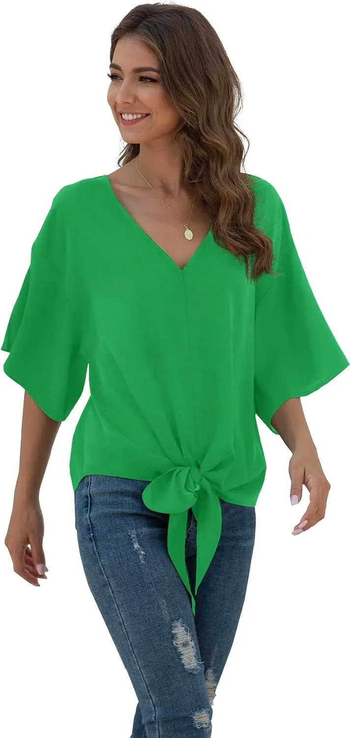 VIISHOW Womens Tie Front Chiffon Blouses V Neck Batwing Short Sleeve Summer Tops Shirts