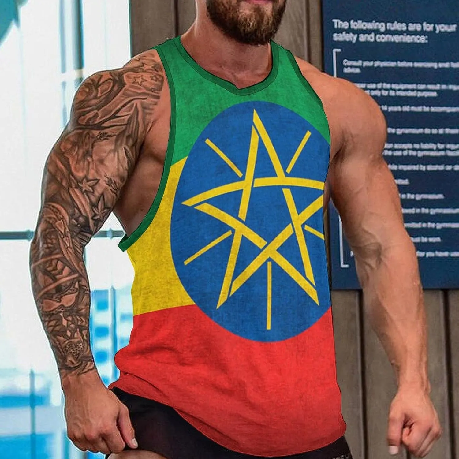 Vintage Ethiopia Flag Men's Activewear Tank Tops Gym Sleeveless Muscle T Shirts Workout Tees Vest