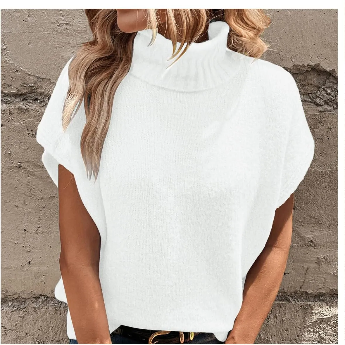 WDIRARA Women's Turtleneck Cap Sleeve Sweater Vest Pullover Knitted Top Loose Oversized Knitwear