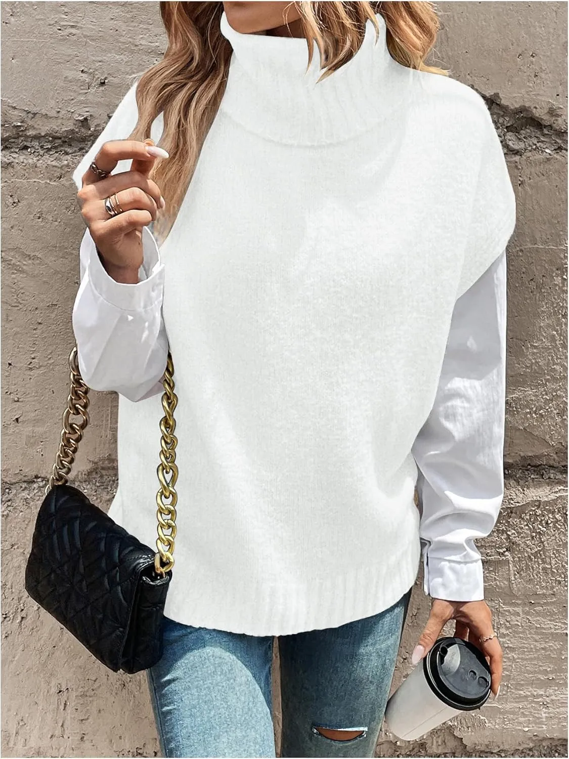 WDIRARA Women's Turtleneck Cap Sleeve Sweater Vest Pullover Knitted Top Loose Oversized Knitwear