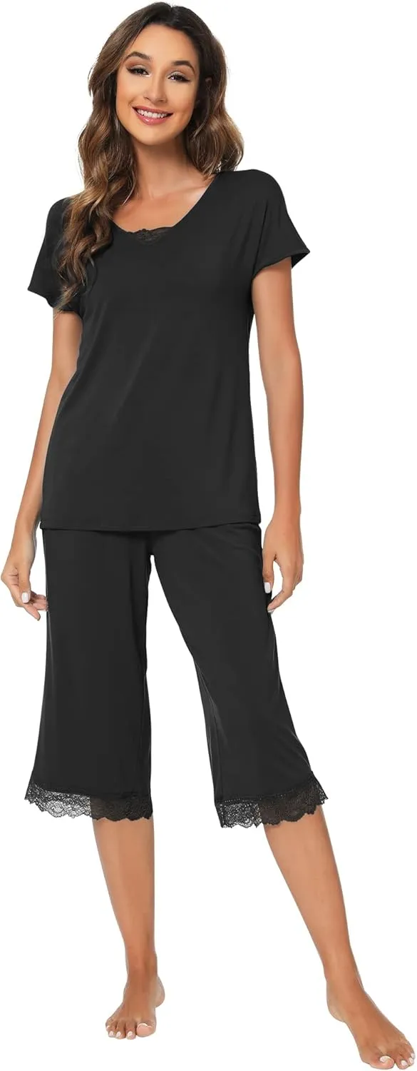 WiWi Pajamas Set for Women Summer Sleepwear Soft Tops Capri Pants Pjs Lounge Pajama Sets Viscose from Bamboo S-XXL